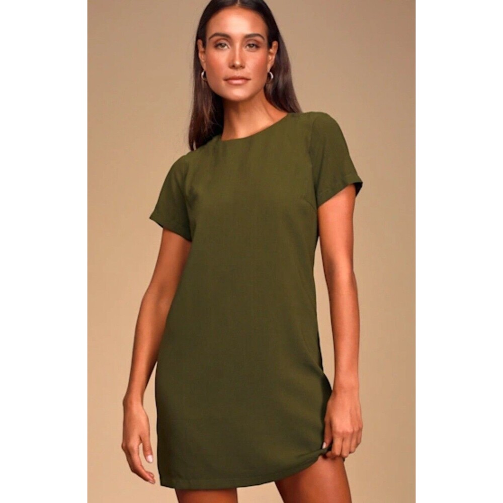 Lulus Shift & Shout Olive Green Shift Dress Blouson Midi Short-sleeve Relaxed-L